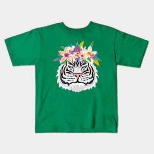 White Tiger with Exotic Flowers Kids T-Shirt